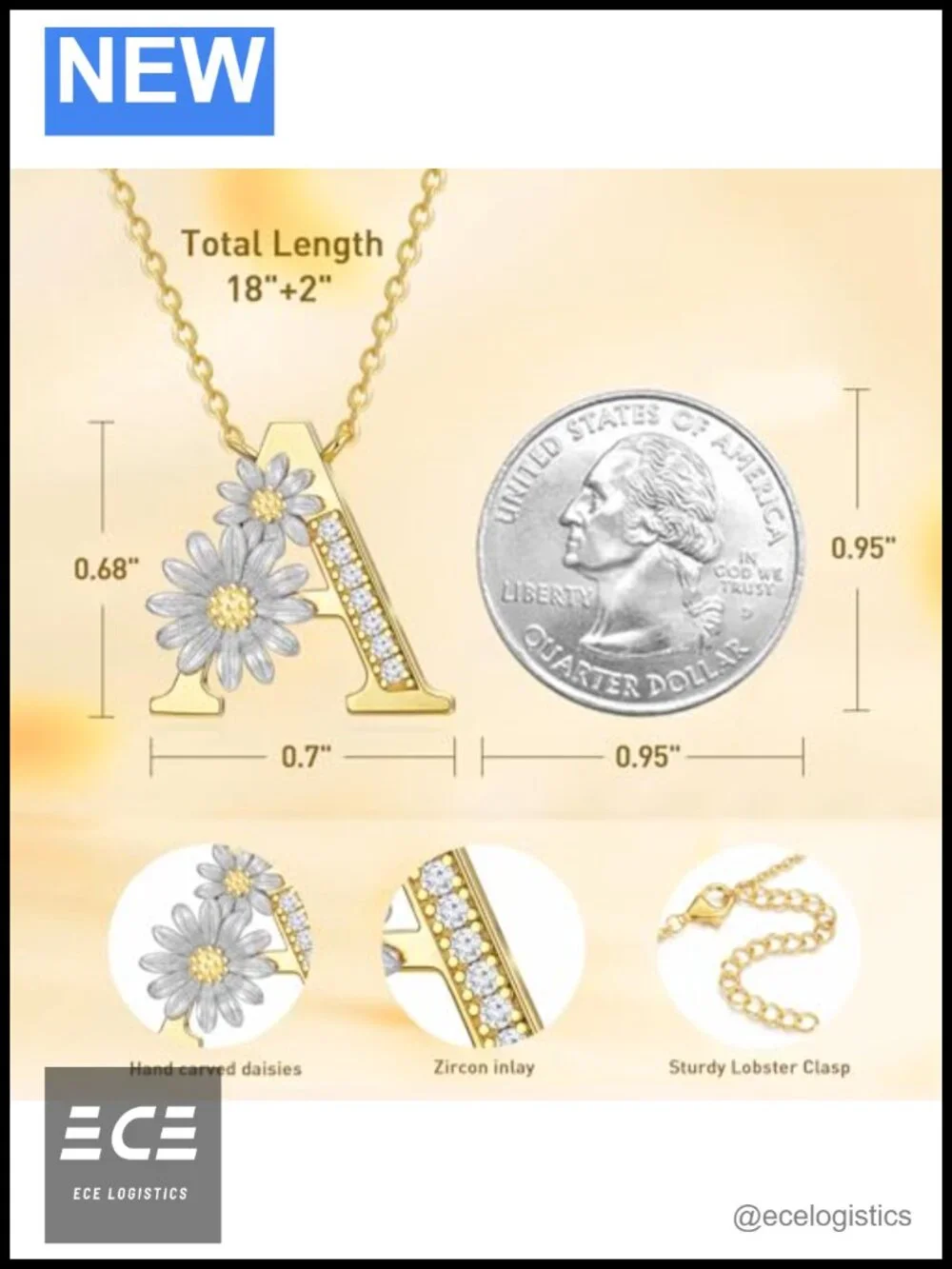 925 Sterling Silver 14K Gold Plated Initial Pendant Necklace Cubic Zirconia